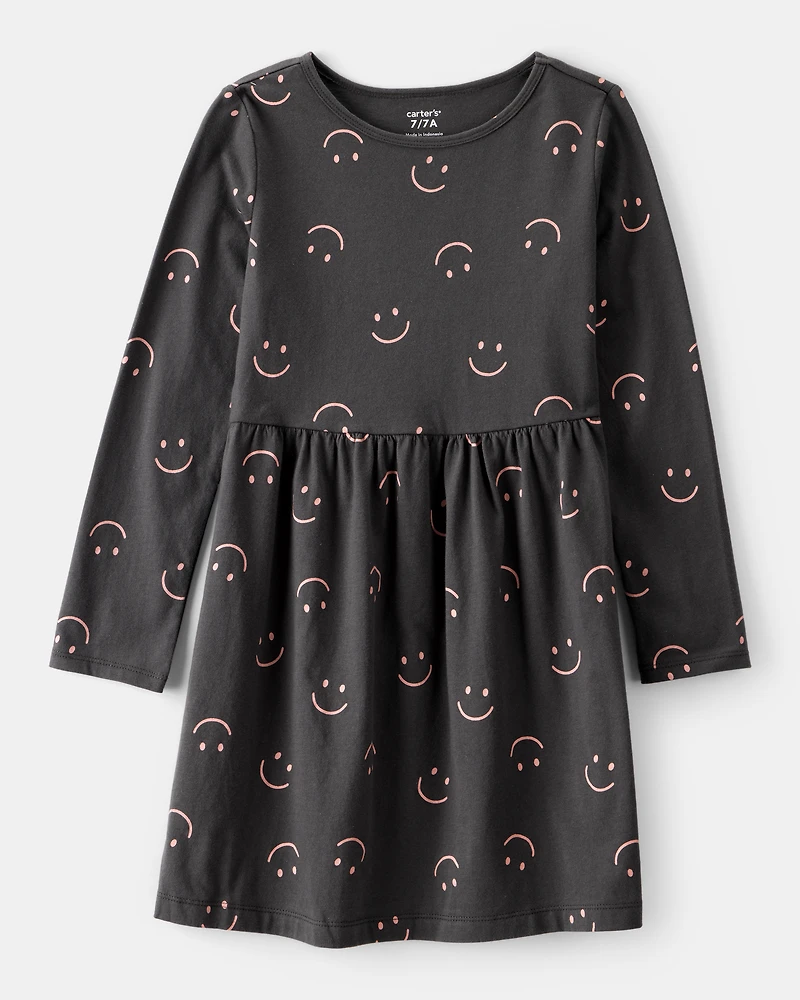 Girls Smile Print Long Sleeve Cotton Dress - Black