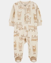 Baby Boy Highland Cow Zip-Up Fleece Sleeper - Cream