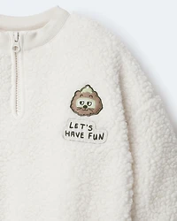Toddler Let's Have Fun'  Sherpa Quarter-Zip Sweatshirt - Cream
