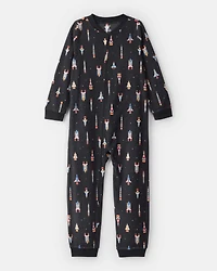 Boys Rocket Ship Print Fleece Long-Sleeve Loose Fit 1-Piece Pajamas - Black