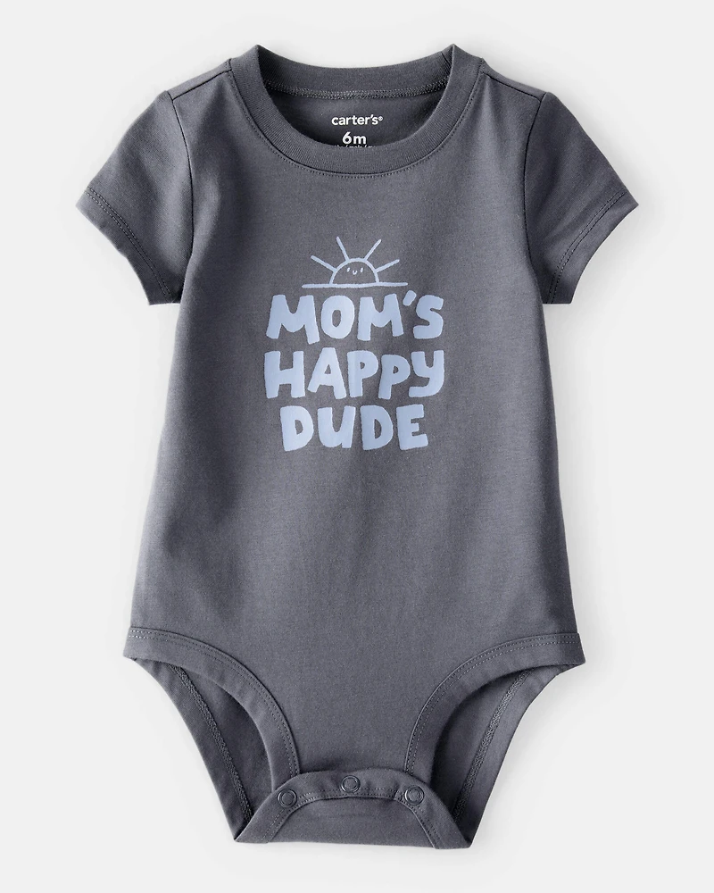 Baby Boy 'Mom's Happy Dude" Short-Sleeve Graphic Bodysuit - Grey