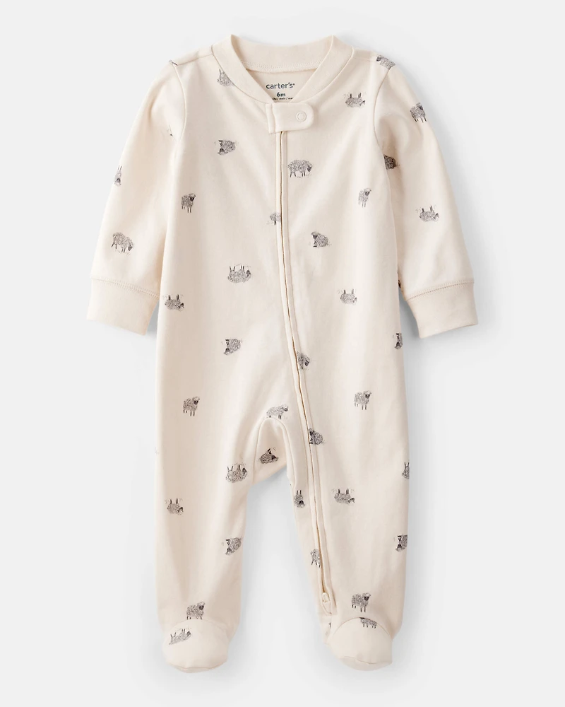 Sheep Print 100% Cotton Long-Sleeve Sleeper - Brown