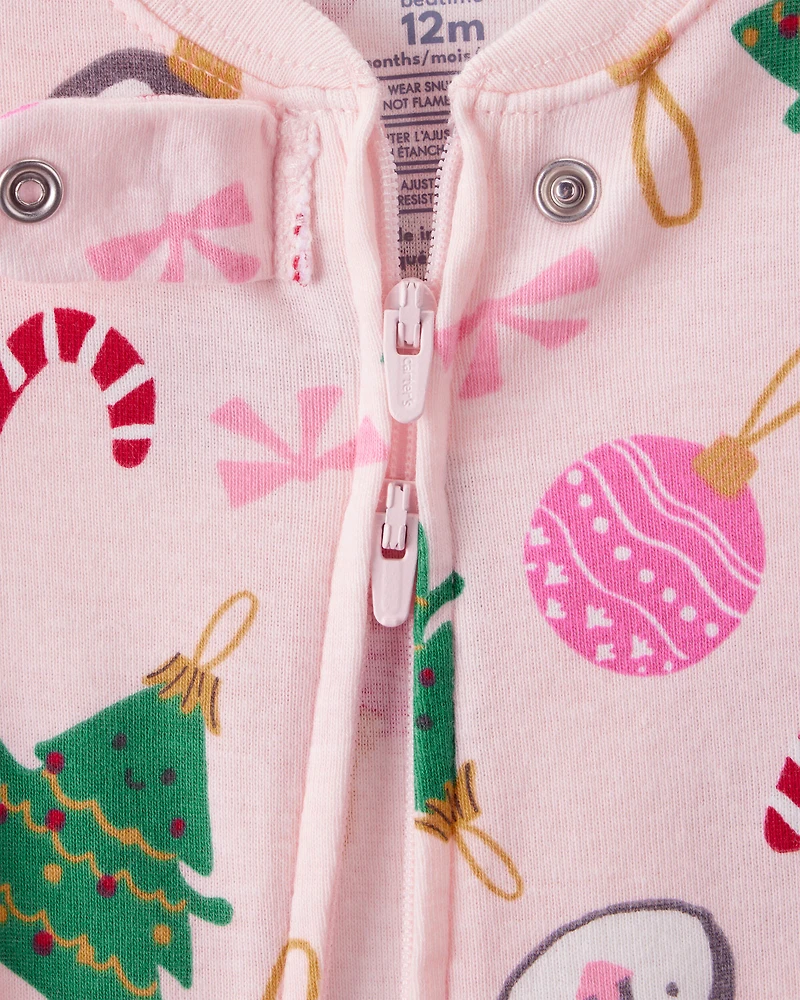 Baby Girl Christmas Ornament Print 100% Cotton Long-Sleeve 2-Way Zip 1-Piece Pyjamas - Pink