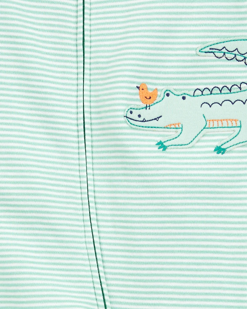 Baby Boy Alligator Striped 2-Way Zip Cotton Sleeper Pyjamas - Green