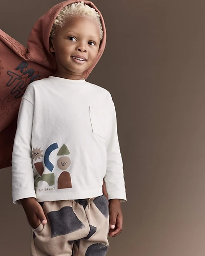 Toddler Long-Sleeve Pocket Relaxed Graphic Tee with Shapes - Cream