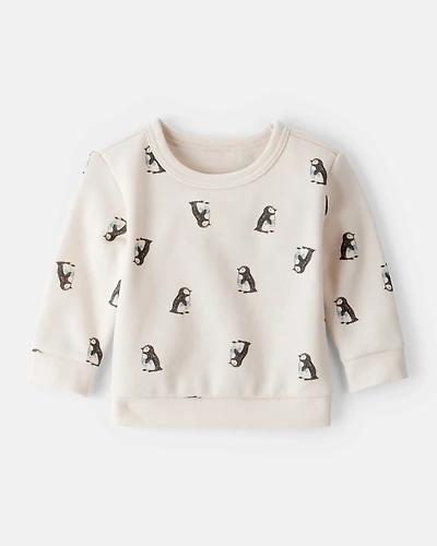 Baby Boy Penguin Print Fleece Sweatshirt - Cream