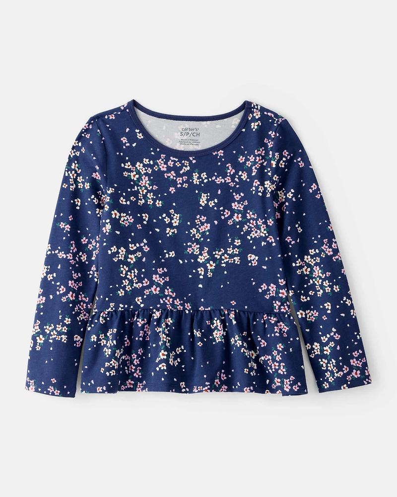 Girls Floral Long-Sleeve Peplum Top - Navy