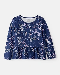 Girls Floral Long-Sleeve Peplum Top - Navy