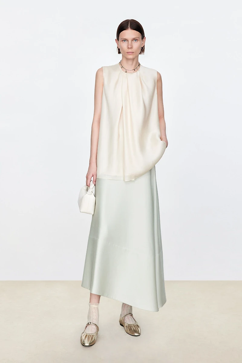 Asymmetric Silk Organza Satin Draped Sleeveless Top