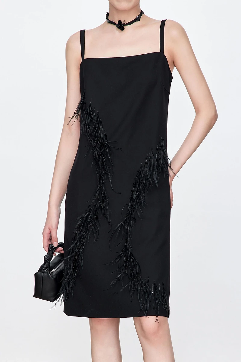 Sleek Beaded Ostrich Feather Slip Dress