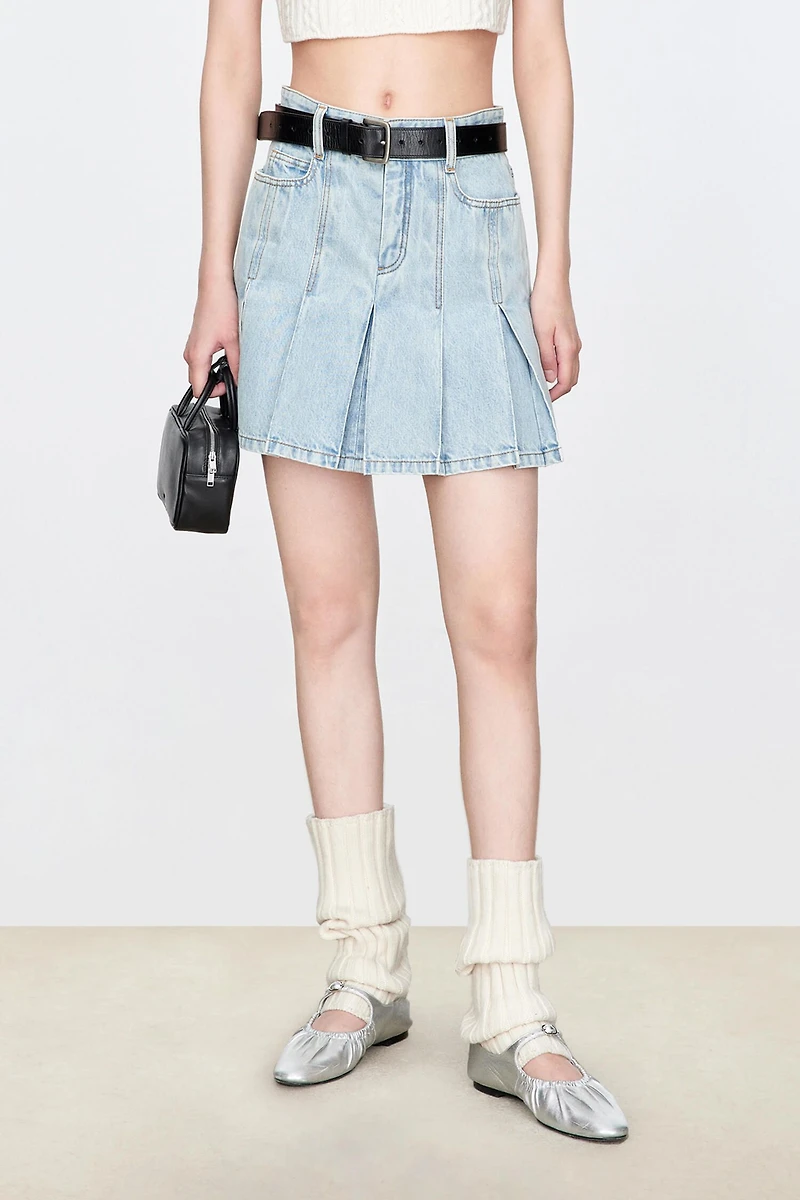 Italian Denim Pleated Short Skirt
