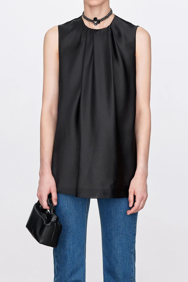 Asymmetric Silk Organza Satin Draped Sleeveless Top