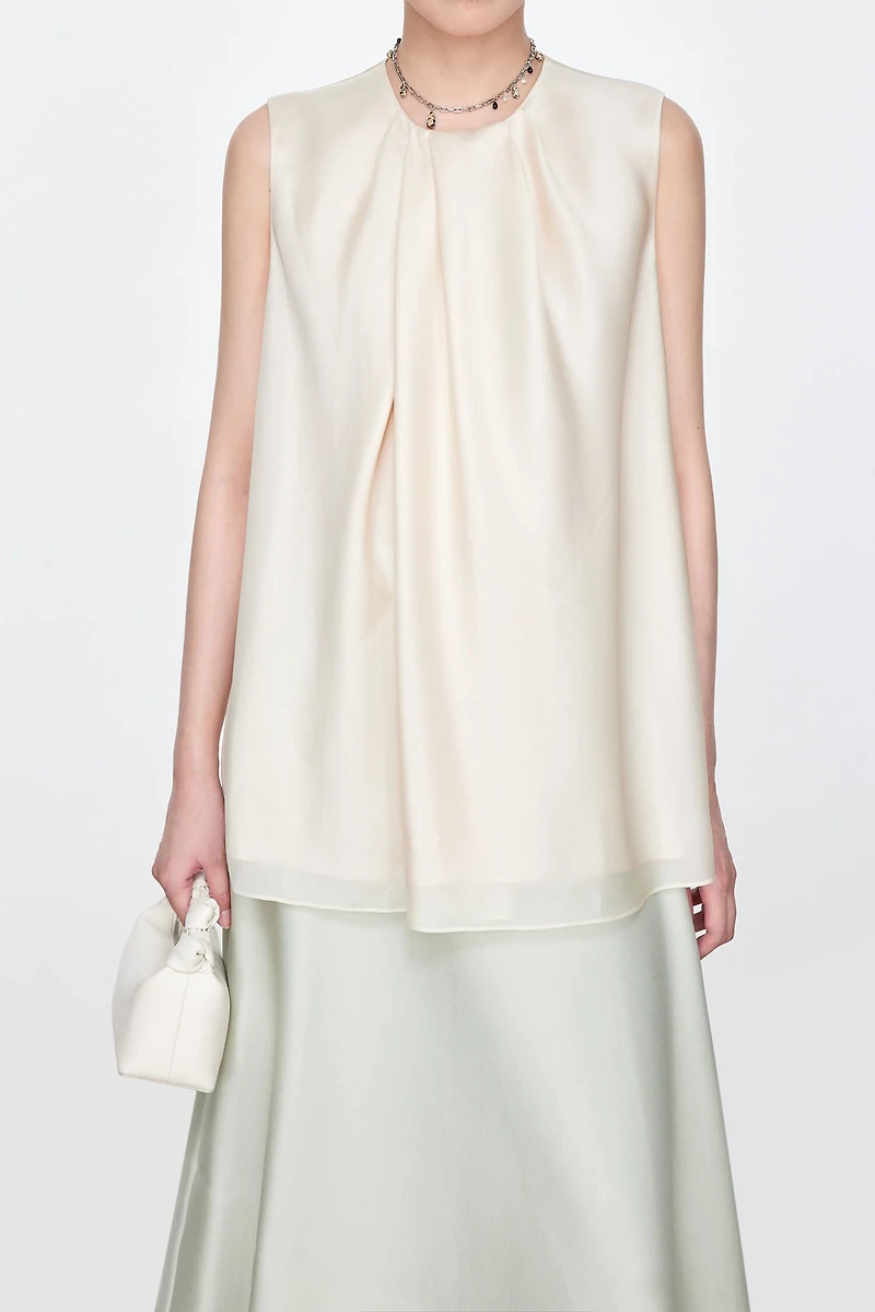 Asymmetric Silk Organza Satin Draped Sleeveless Top