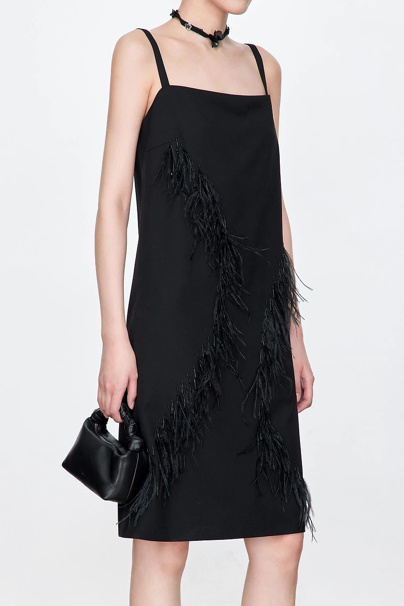 Sleek Beaded Ostrich Feather Slip Dress