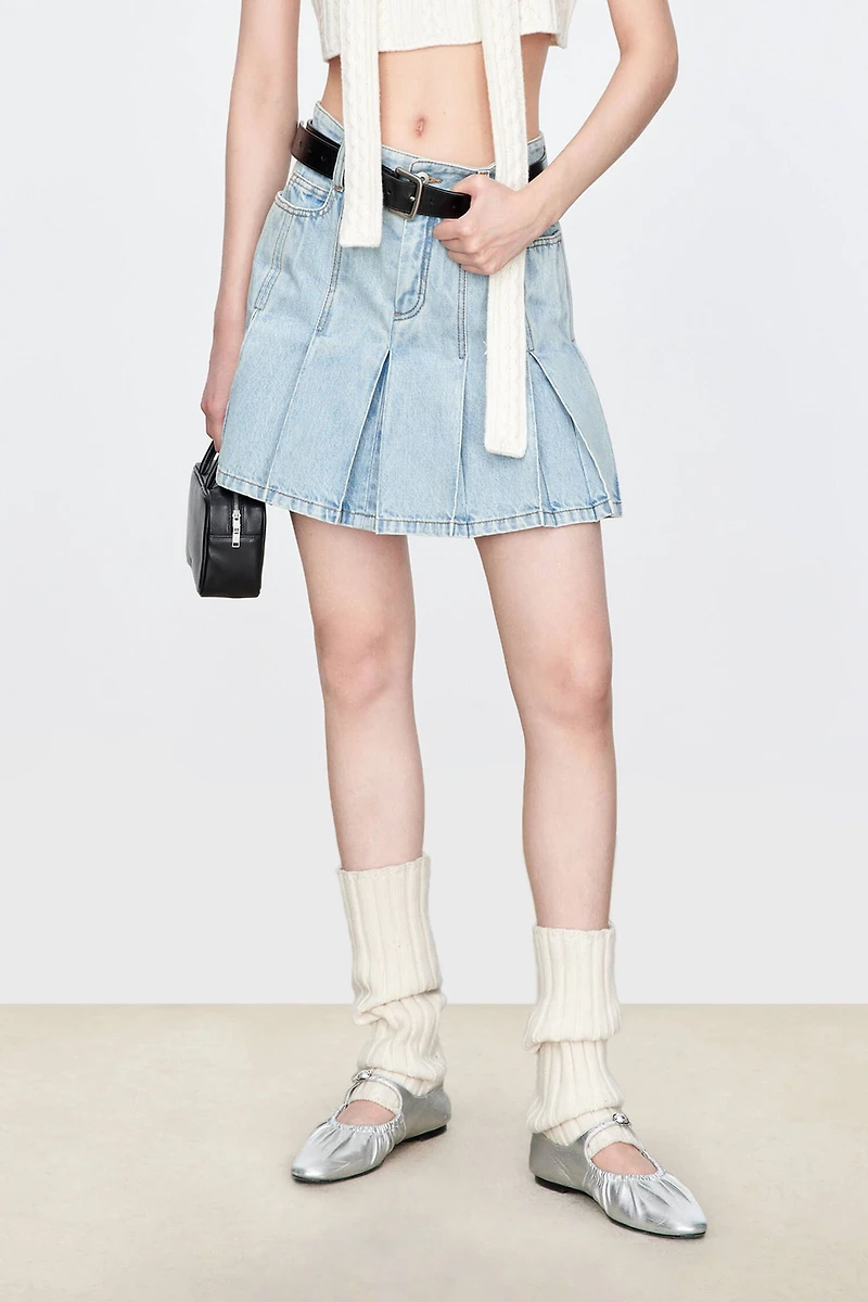 Italian Denim Pleated Short Skirt
