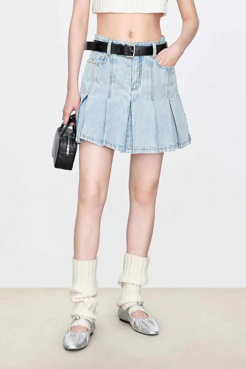 Italian Denim Pleated Short Skirt
