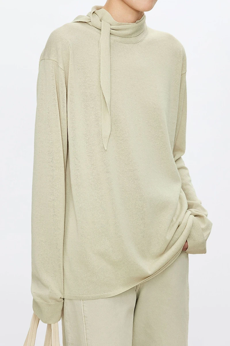 Cotton and Linen Ribbon Tie Collar Top