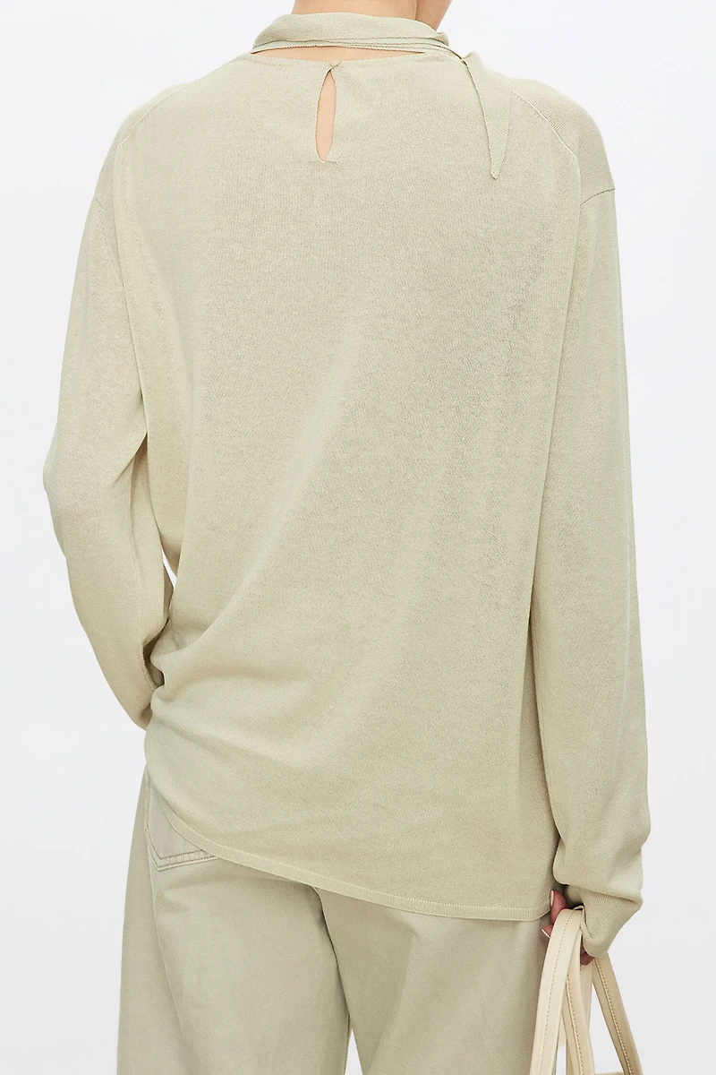 Cotton and Linen Ribbon Tie Collar Top