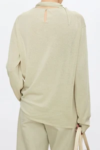 Cotton and Linen Ribbon Tie Collar Top