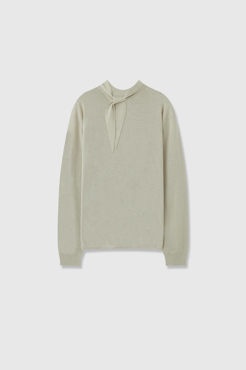 Cotton and Linen Ribbon Tie Collar Top