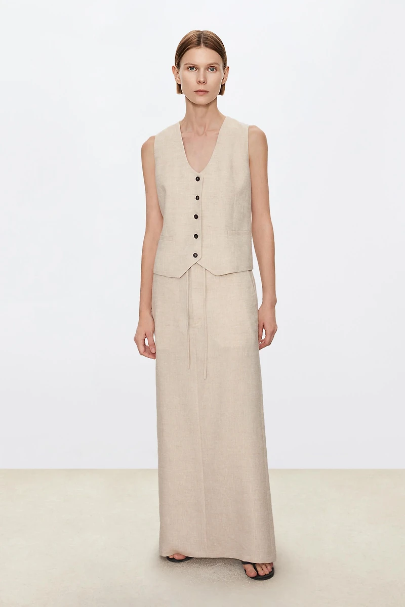 All-Linen Drawstring Midi Skirt