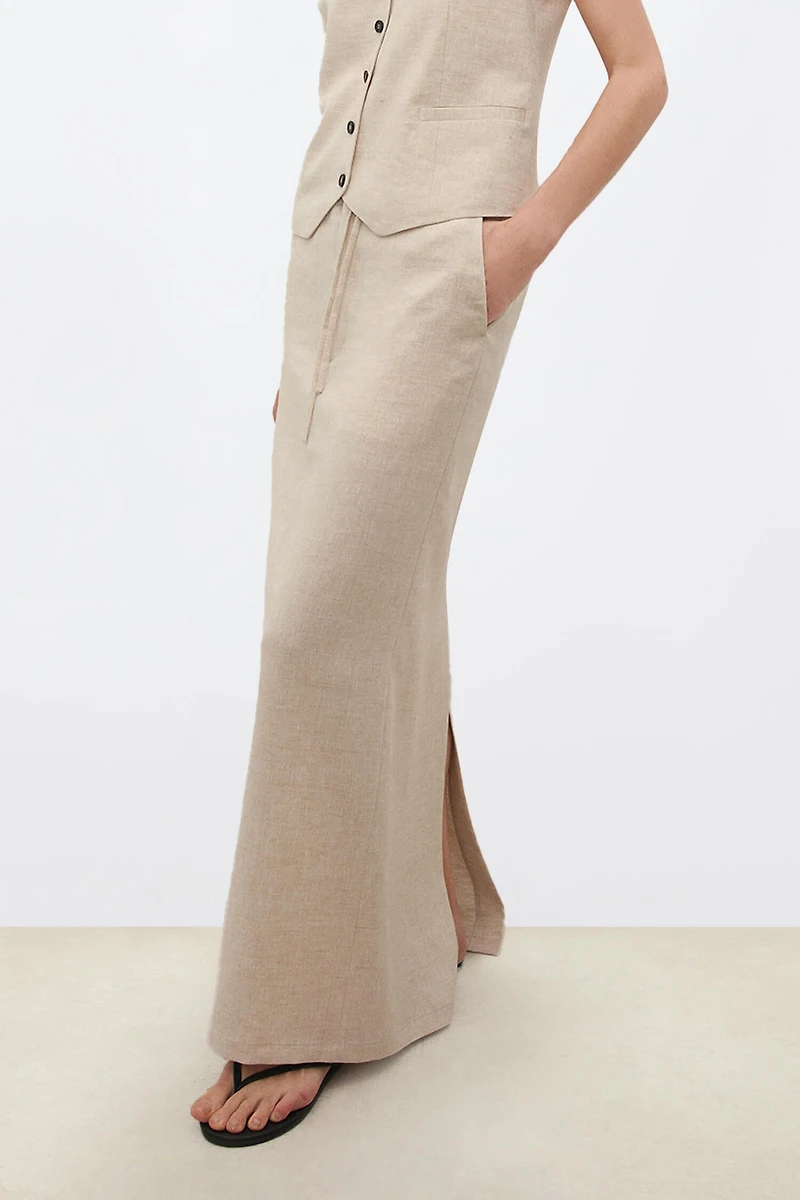 All-Linen Drawstring Midi Skirt