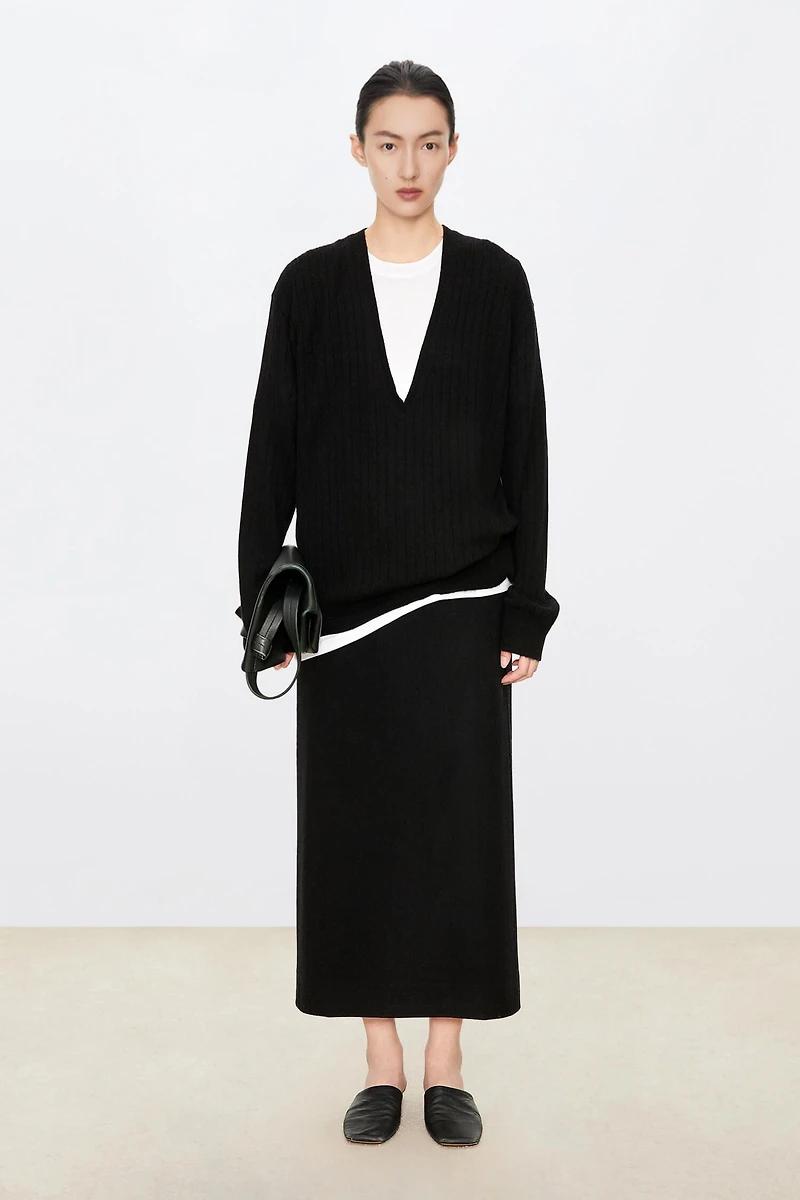 Brushed Wool-Cashmere Classic Long Midi Skirt