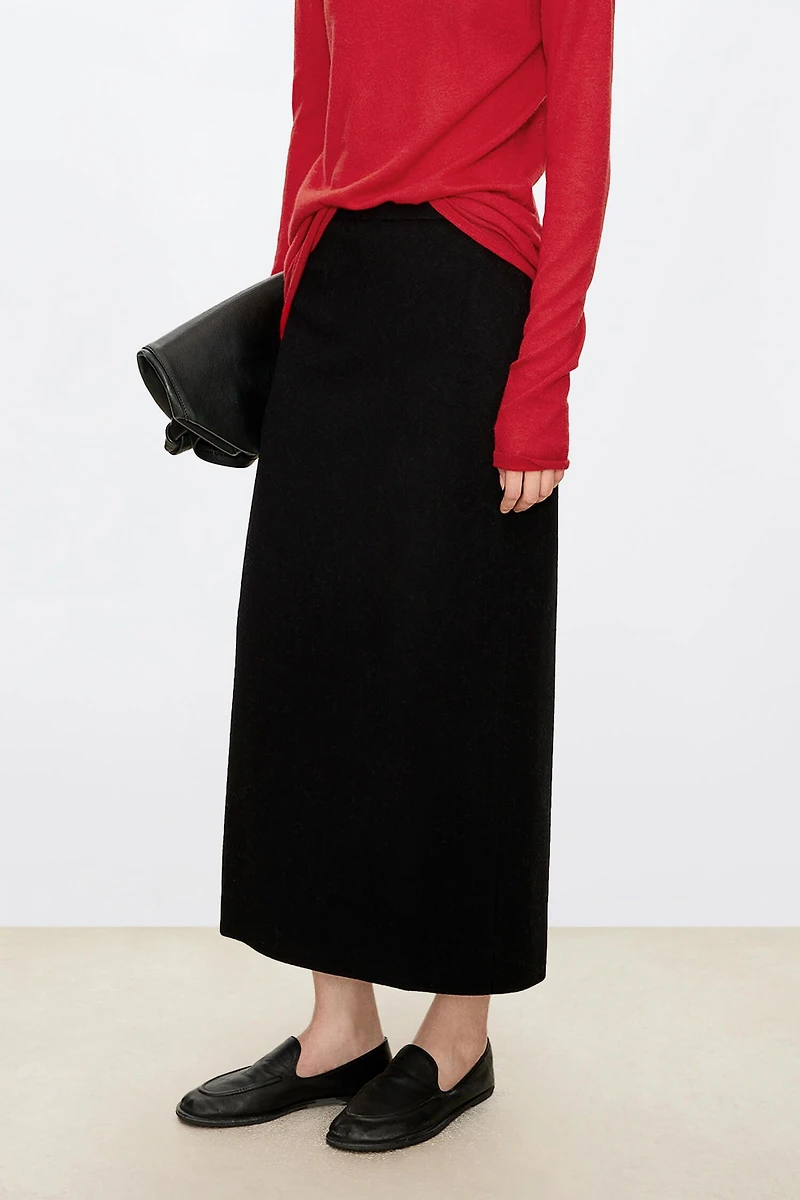 Brushed Wool-Cashmere Classic Long Midi Skirt