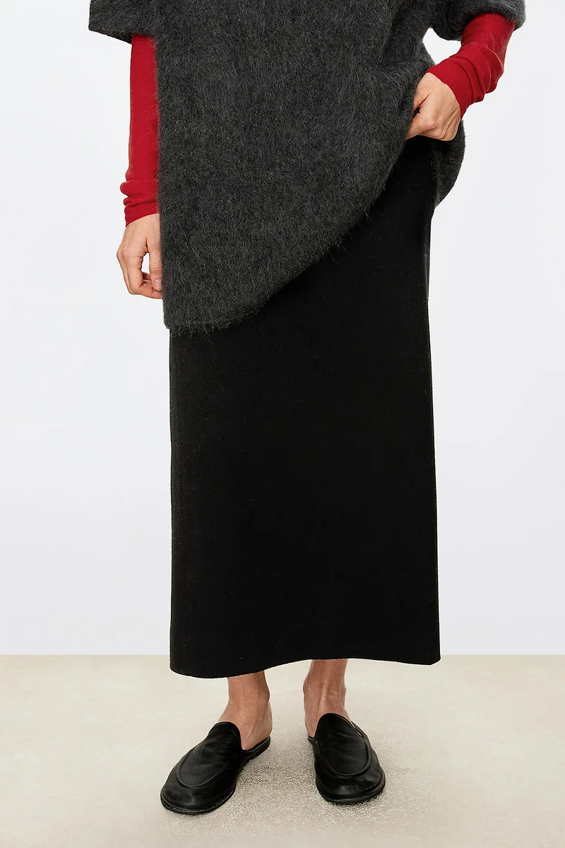Brushed Wool-Cashmere Classic Long Midi Skirt