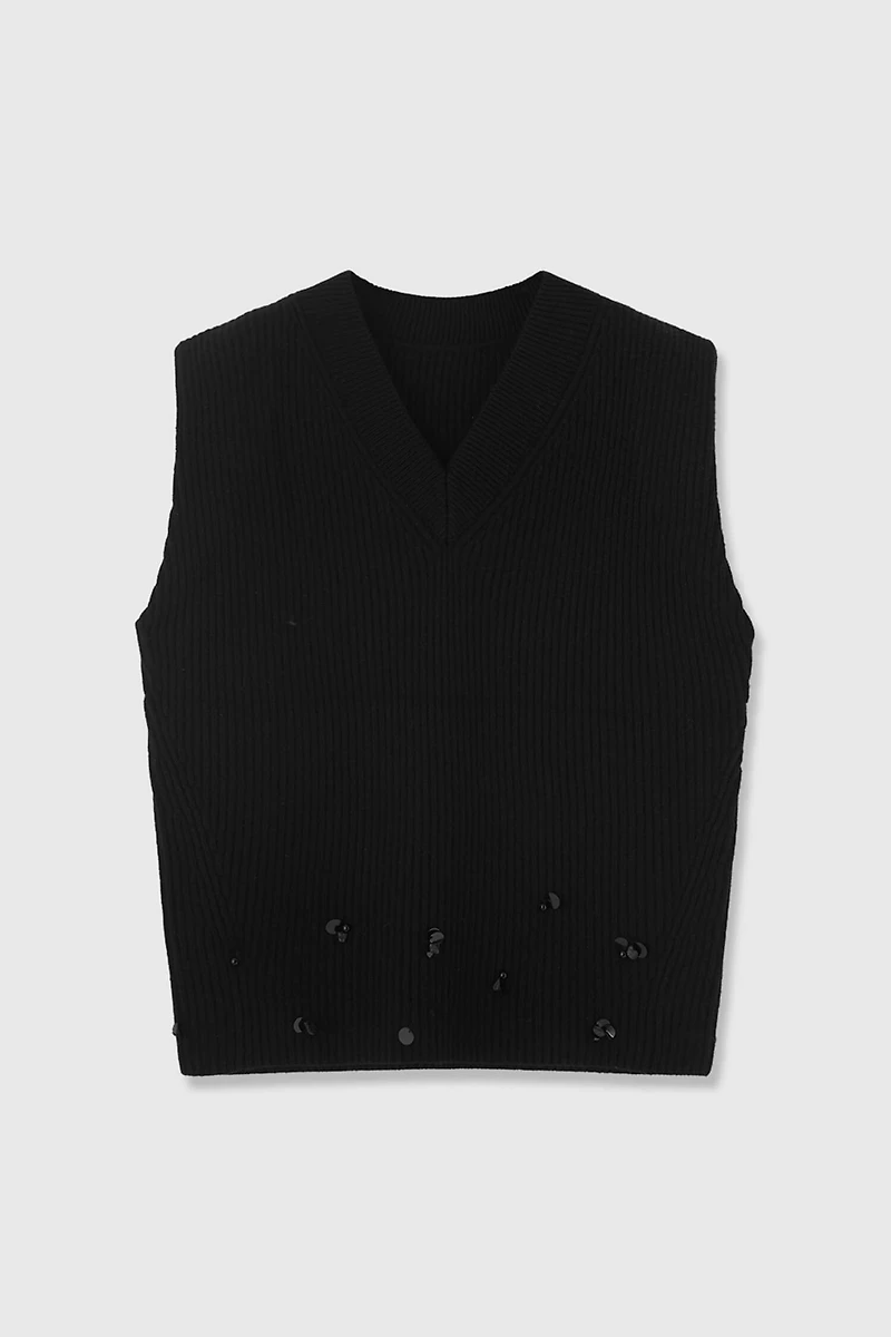 Cashmere Wool Vest with Natural Gemstone Beading