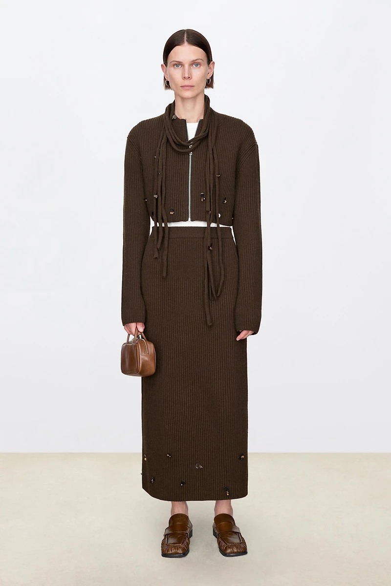 Cashmere Wool Hand-Beaded Midi Skirt