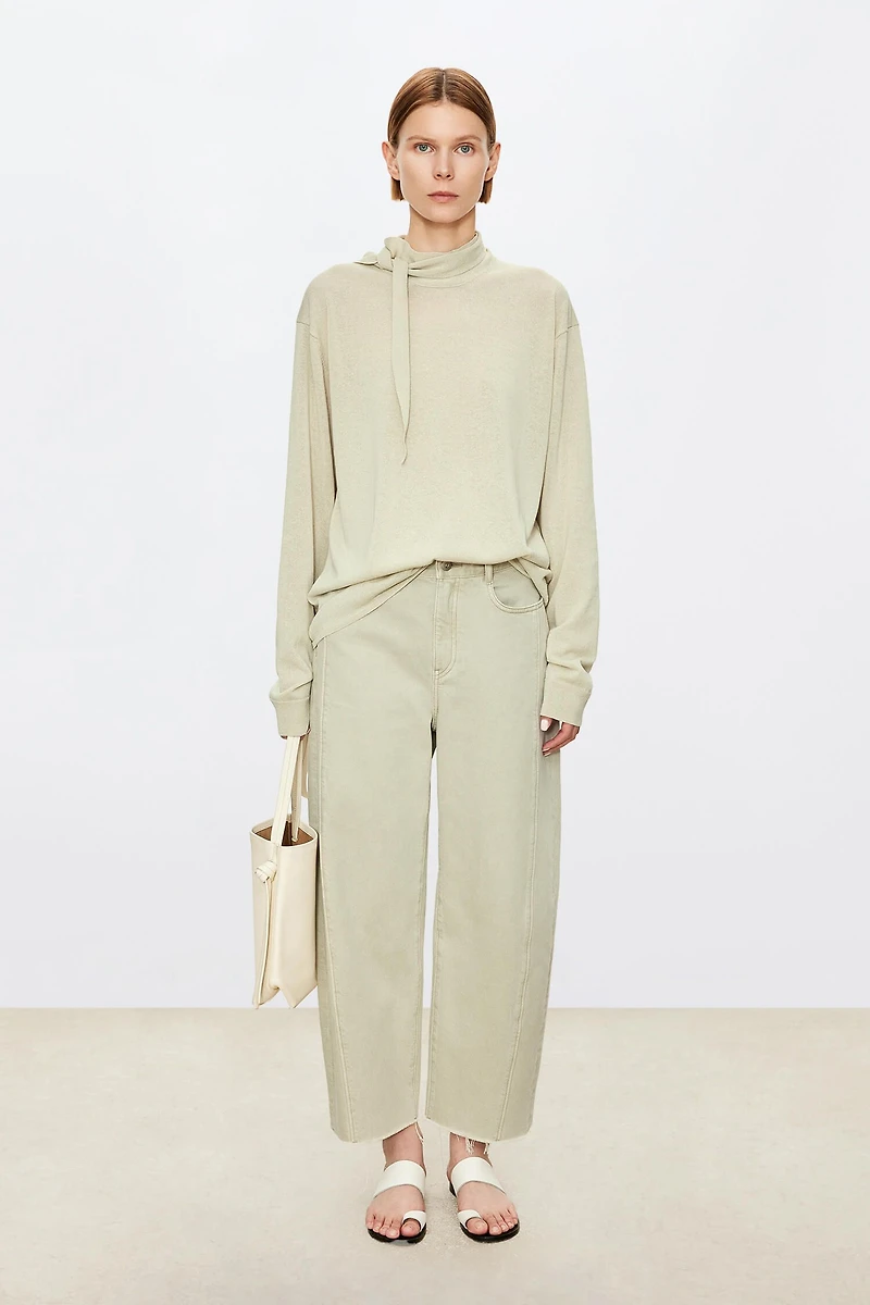 Cotton and Linen Ribbon Tie Collar Top
