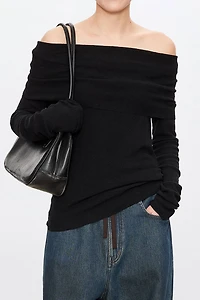 Cotton-Linen Boat Neck Long-Sleeve Top