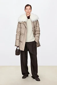 Detachable Fur-Collar Silk-Imitated Down Jacket