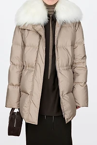 Detachable Fur-Collar Silk-Imitated Down Jacket