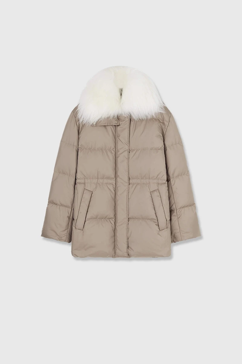 Detachable Fur-Collar Silk-Imitated Down Jacket