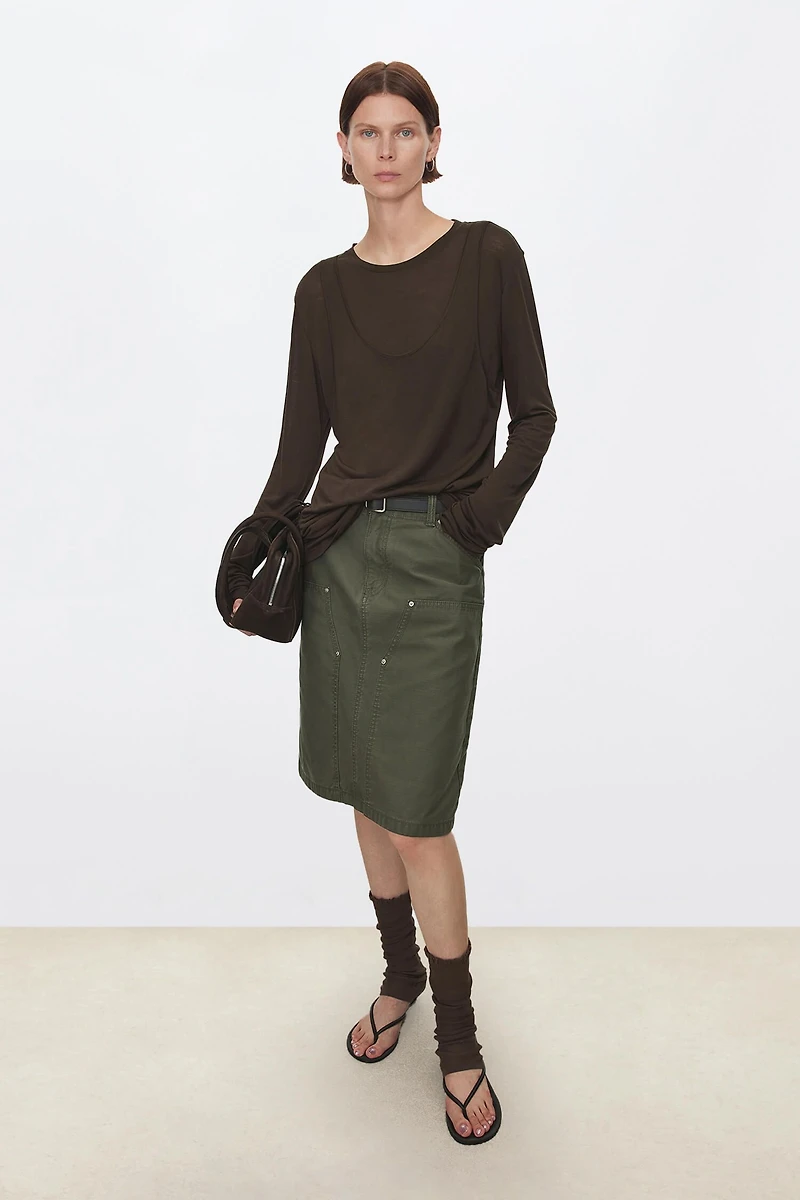 Distressed Straight-cut Midi Skirt