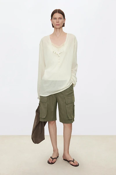 Double-Layer Raw Edge & Bias-Cut Silk Trim Long-Sleeve