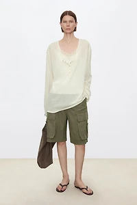 Double-Layer Raw Edge & Bias-Cut Silk Trim Long-Sleeve