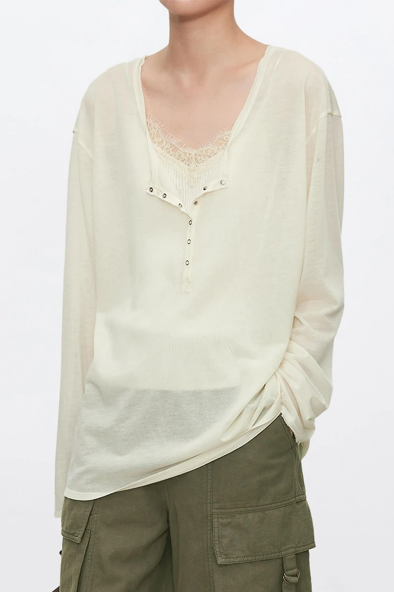Double-Layer Raw Edge & Bias-Cut Silk Trim Long-Sleeve