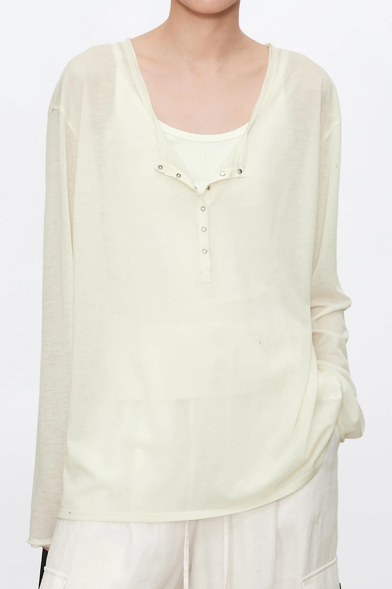 Double-Layer Raw Edge & Bias-Cut Silk Trim Long-Sleeve