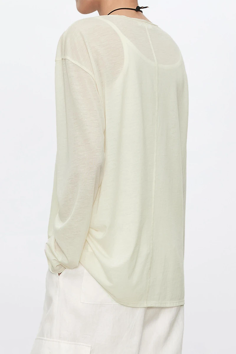 Double-Layer Raw Edge & Bias-Cut Silk Trim Long-Sleeve