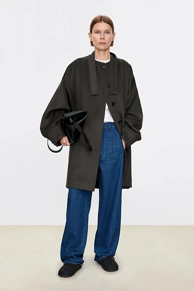 Double-Layer Wool Batwing Sleeve Collar Tab Coat