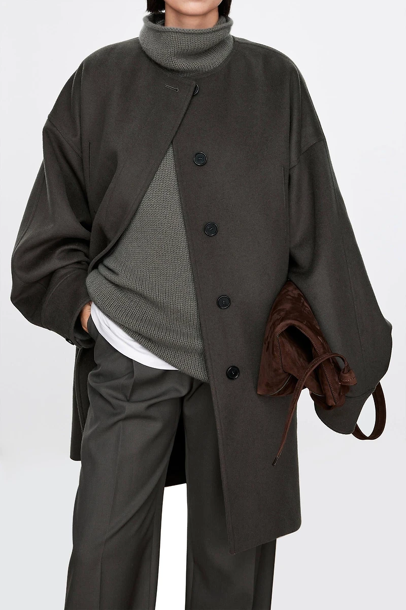Double-Layer Wool Batwing Sleeve Collar Tab Coat