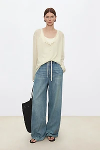 Drawstring Waist Linen-Cotton Straight-Leg Jeans
