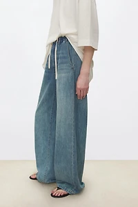 Drawstring Waist Linen-Cotton Straight-Leg Jeans