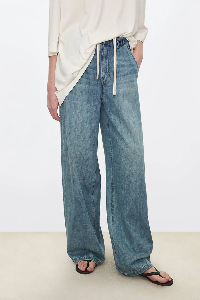 Drawstring Waist Linen-Cotton Straight-Leg Jeans