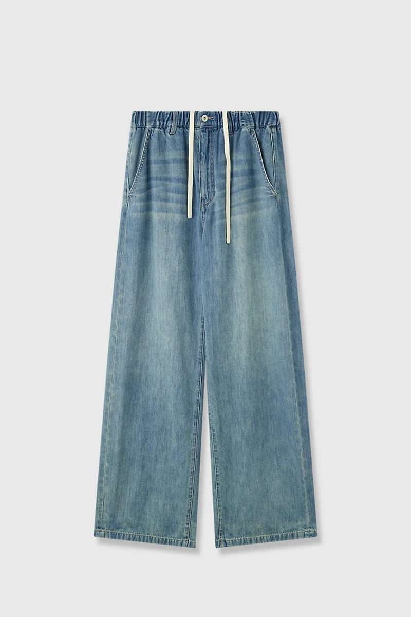 Drawstring Waist Linen-Cotton Straight-Leg Jeans
