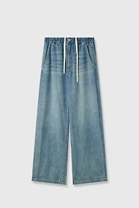 Drawstring Waist Linen-Cotton Straight-Leg Jeans
