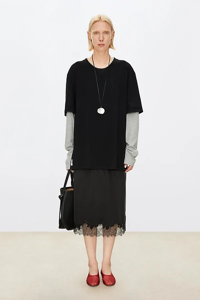 Embossed Lace Panel Midi Skirt